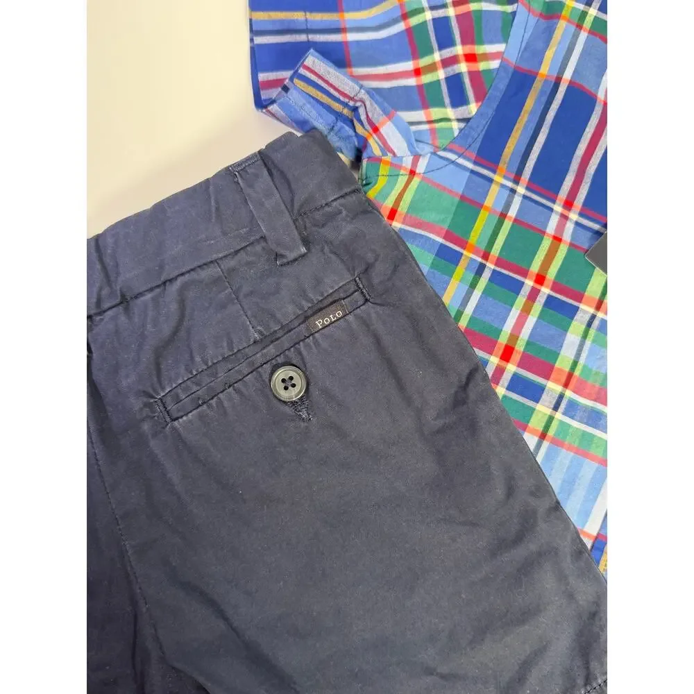 Ralph Lauren Boys 2T Plaid Button Down Shirt & Khaki Shorts Outfit Set NWT